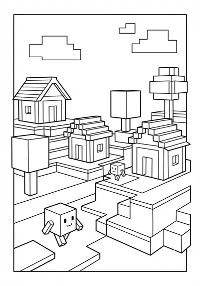 Simple block village Minecraft coloring page for kids age 6-8