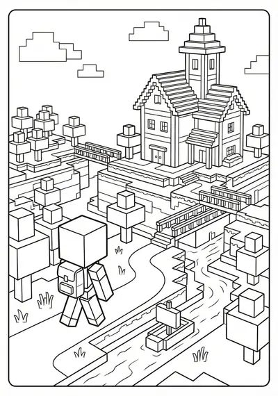 Cube character in structured block world Minecraft coloring page for kids age 9-10