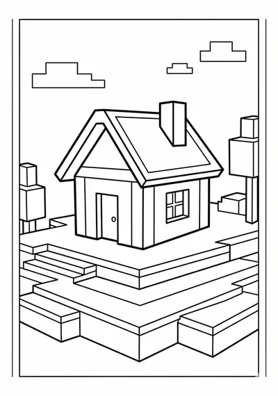 Small block cottage Minecraft coloring page for kids age 6-8