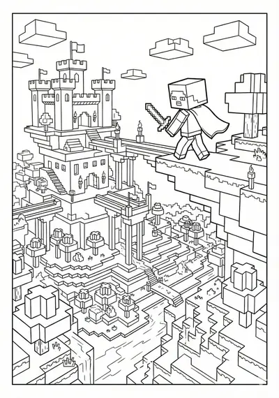 Structured block world scene Minecraft coloring page for kids age 9-10