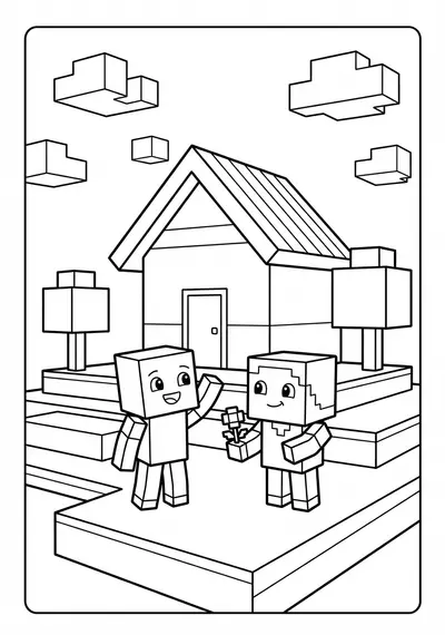 Two cube characters at block house Minecraft coloring page for kids age 6-8