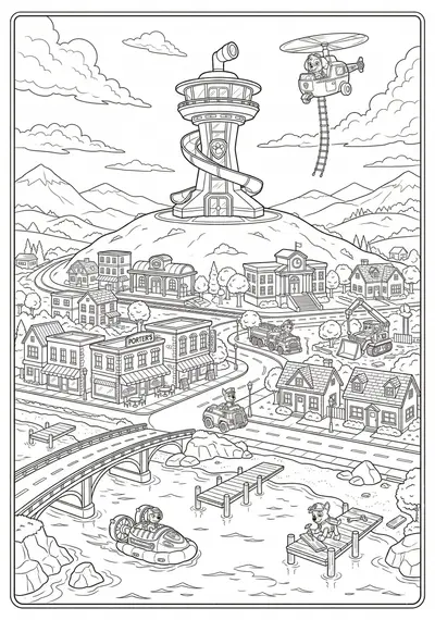 Wide Adventure Bay panorama with lookout tower, town, and shoreline featuring Paw Patrol pups coloring page for kids age 9-10