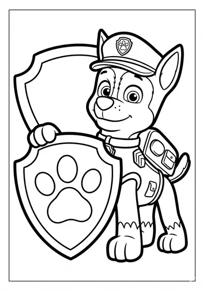 Paw Patrol Chase holding a big badge coloring page for kids age 3-5, very large shapes
