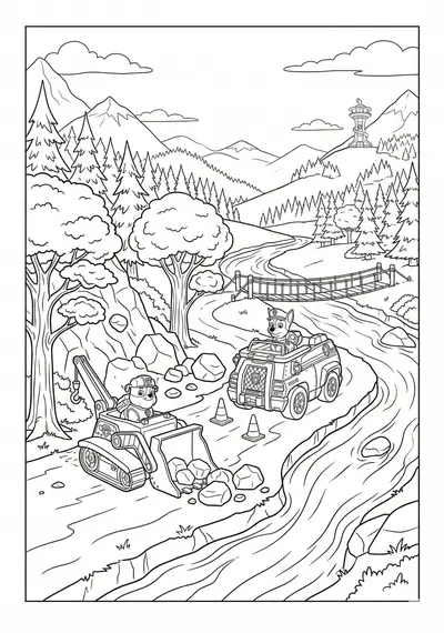 Paw Patrol forest trail rescue with trees, river, and layered background coloring page for kids age 9-10