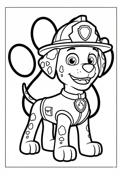 Simple Paw Patrol Marshall standing and smiling coloring page for toddlers age 3-5, large open areas