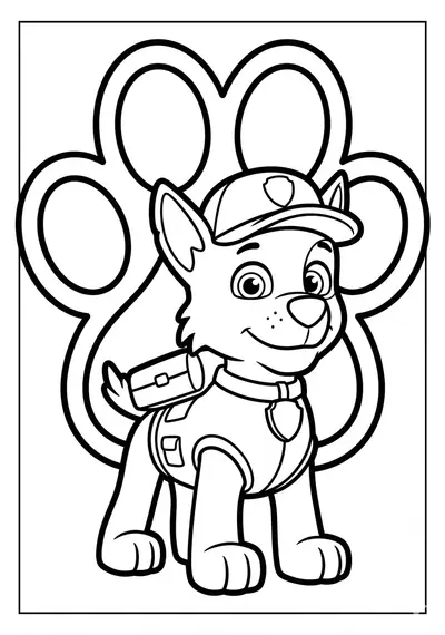 Simple Paw Patrol style pup with a big paw print symbol coloring page for kids age 3-5