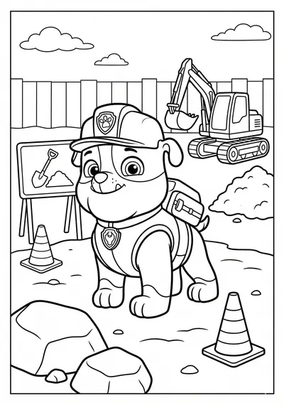 Paw Patrol Rubble at a simple construction site with rocks and signs coloring page for kids age 6-8