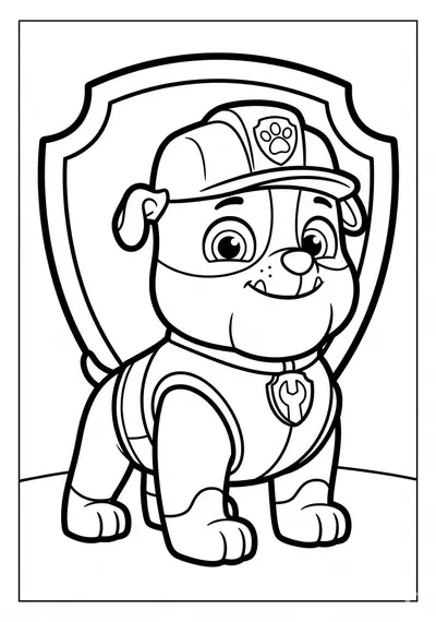 Simple Paw Patrol Rubble standing and smiling coloring page for kids age 3-5, thick bold outlines