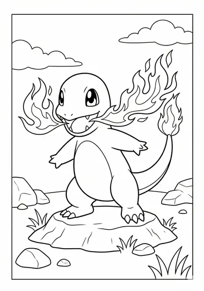Charmander simplified fire pose Pokemon coloring page for kids age 9-10