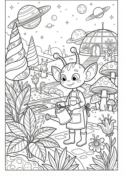 Big-eared alien in planet garden scene coloring page for kids age 9-10