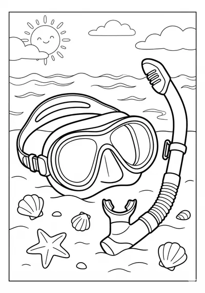 Snorkel mask and tube summer coloring page for kids age 6-8