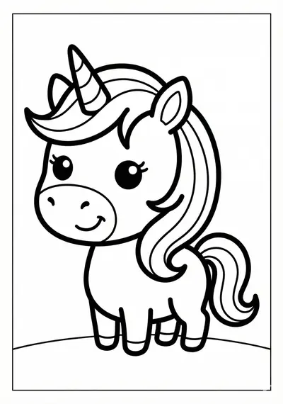 Big-headed cute unicorn coloring page for kids age 3-5, easy to color