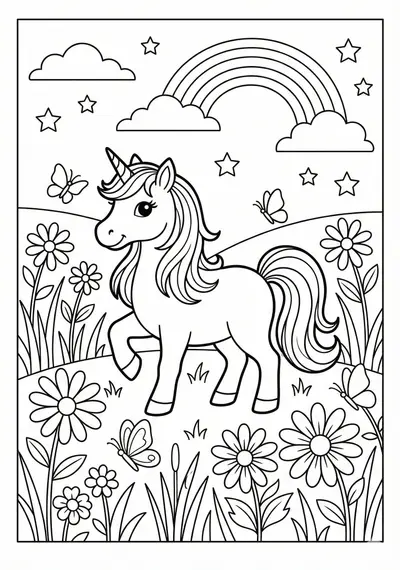 Unicorn in magical meadow unicorn coloring page for kids age 6-8