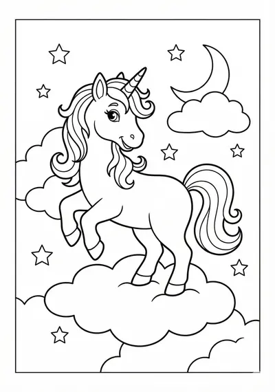 Unicorn standing on soft clouds unicorn coloring page for kids age 6-8