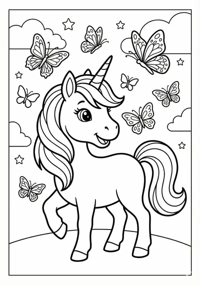 Unicorn with butterflies unicorn coloring page for kids age 6-8