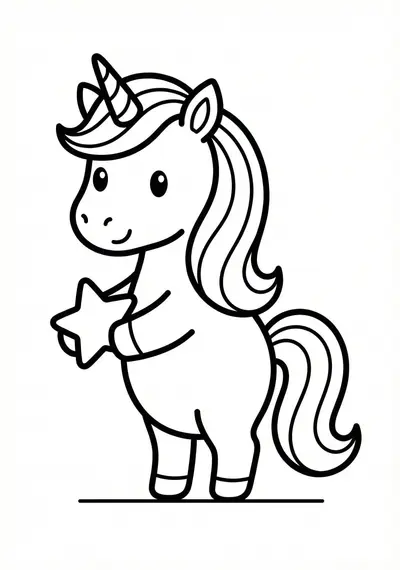 Simple unicorn with small star coloring page for kids age 3-5
