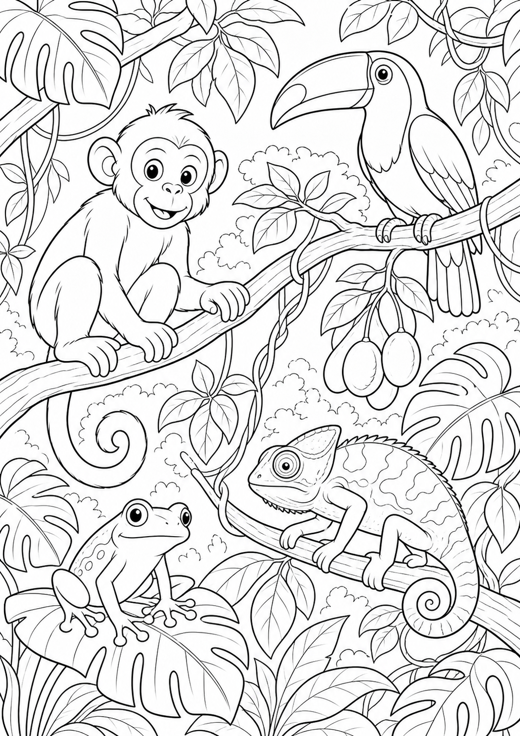 Detailed jungle canopy animals printable coloring page for kids ages 9-10