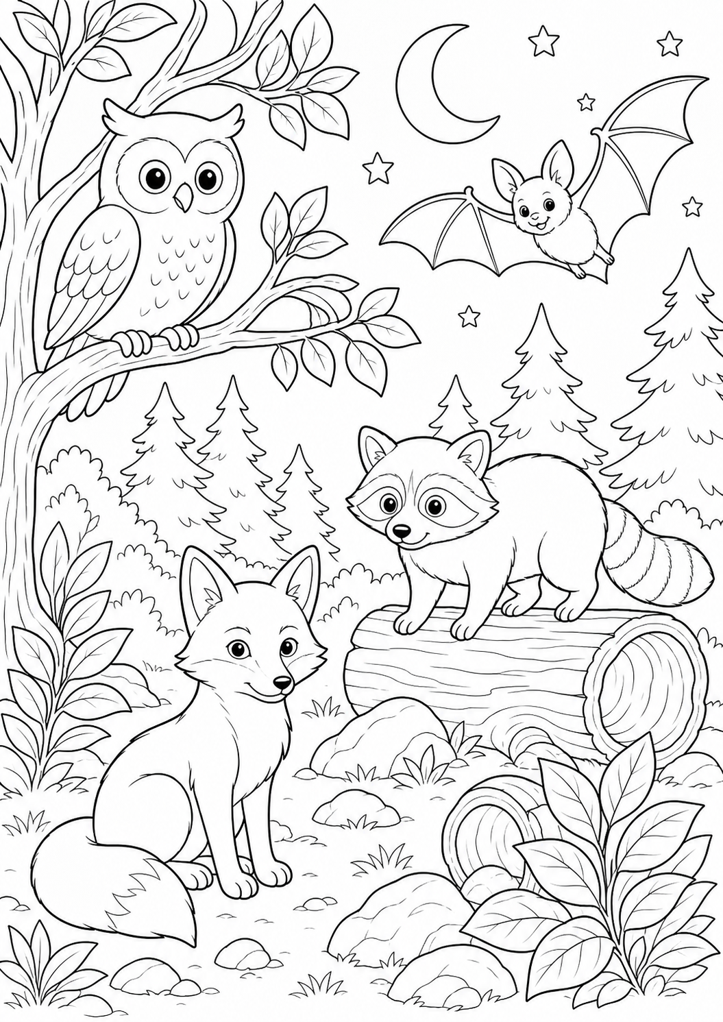Detailed nocturnal animals printable coloring page for kids ages 9-10