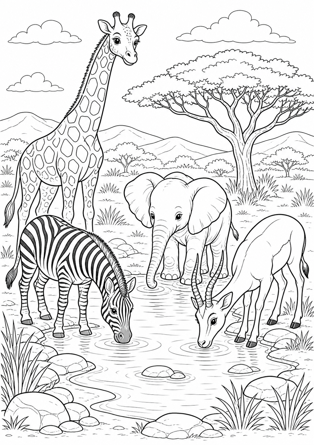 Detailed savanna animals printable coloring page for kids ages 9-10