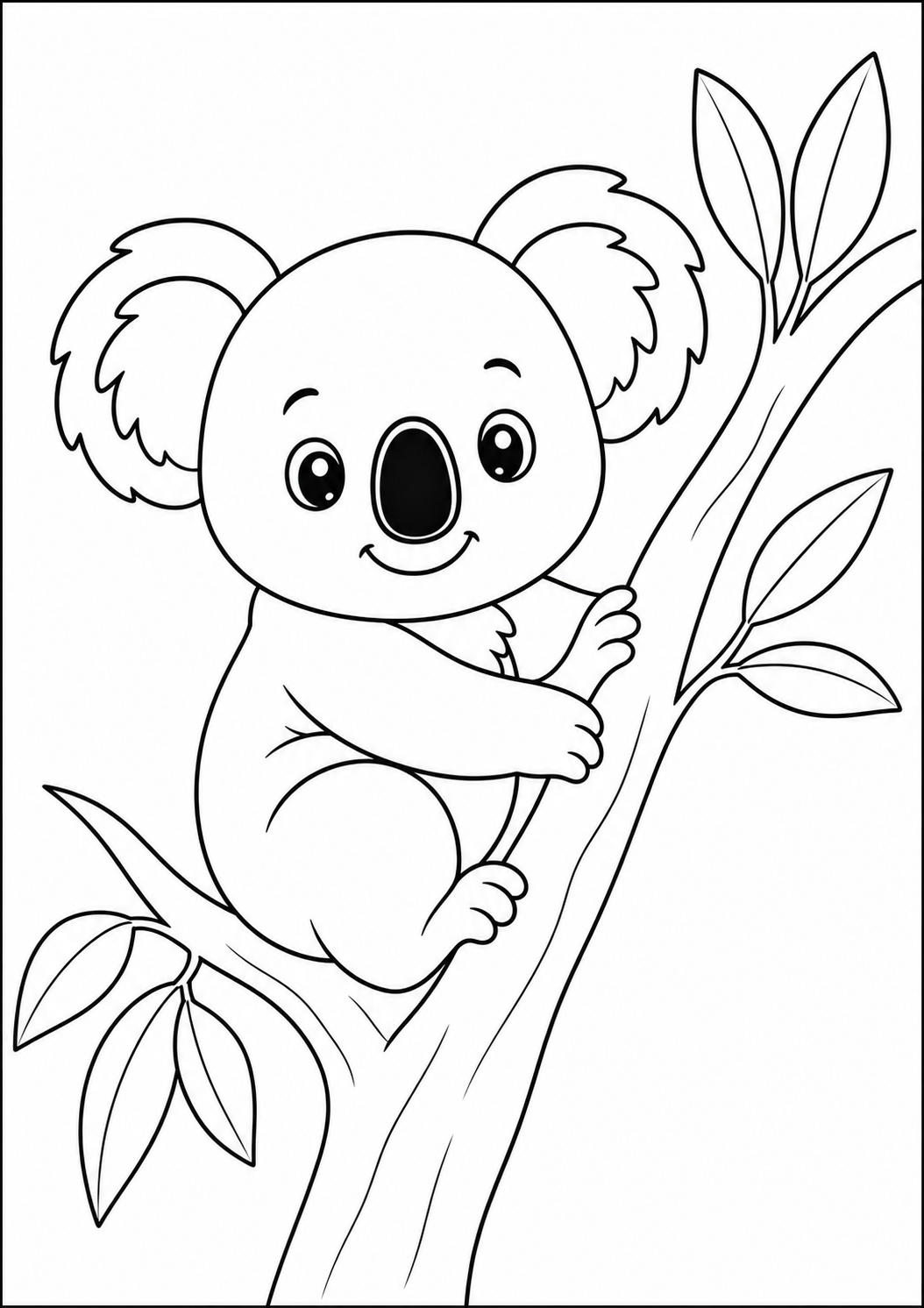 Koala in tree printable animal coloring page for kids ages 6-8