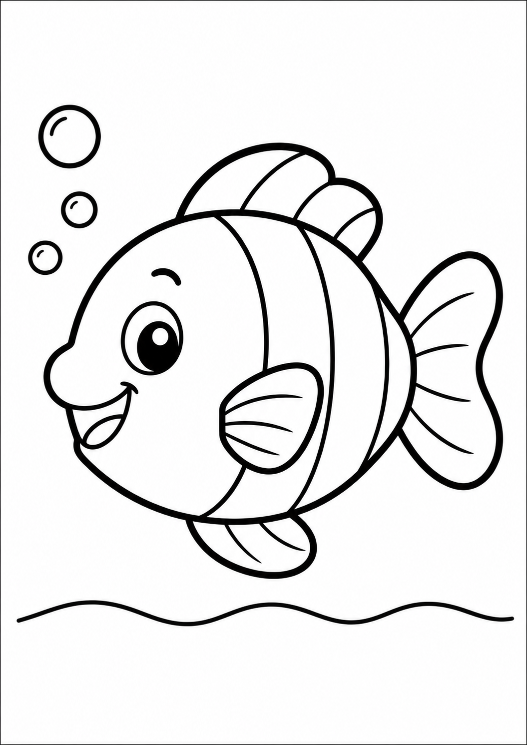 Simple happy fish animal coloring page for kids ages 3-5