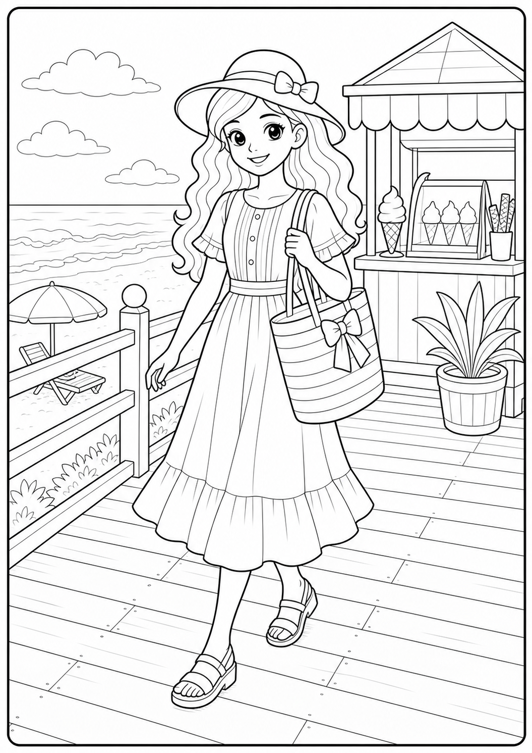 Detailed fashion doll beach boardwalk printable Barbie coloring page for kids ages 9-10