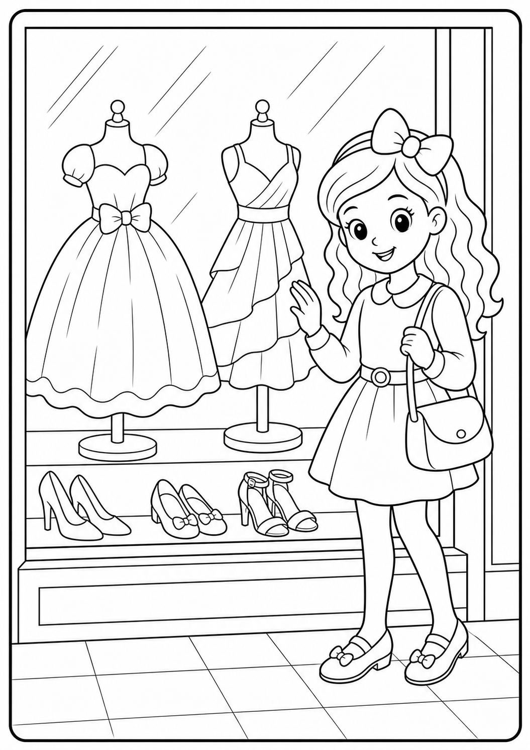 Cute fashion doll boutique window printable Barbie coloring page for kids ages 6-8