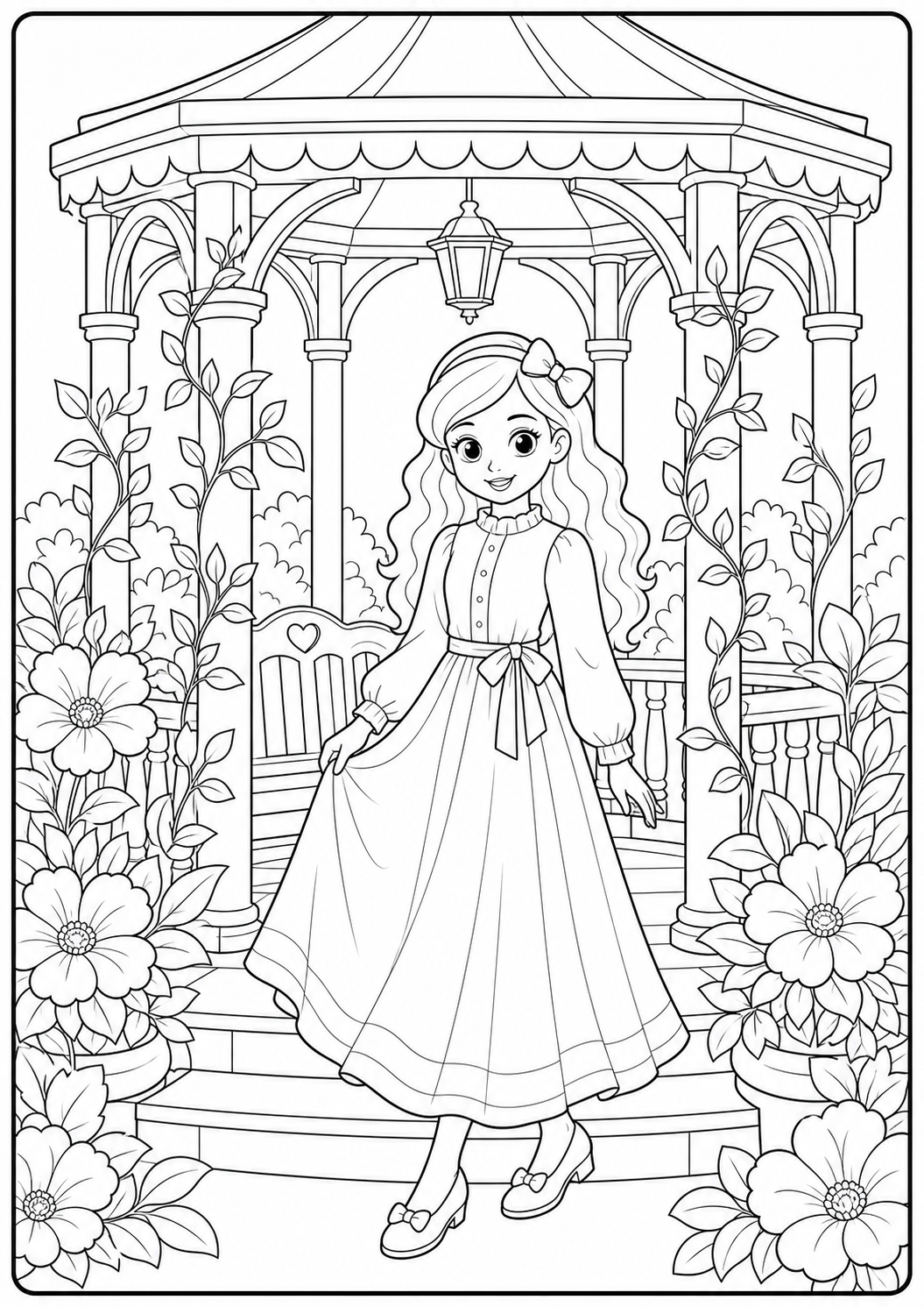 Detailed fashion doll garden gazebo printable Barbie coloring page for kids ages 9-10
