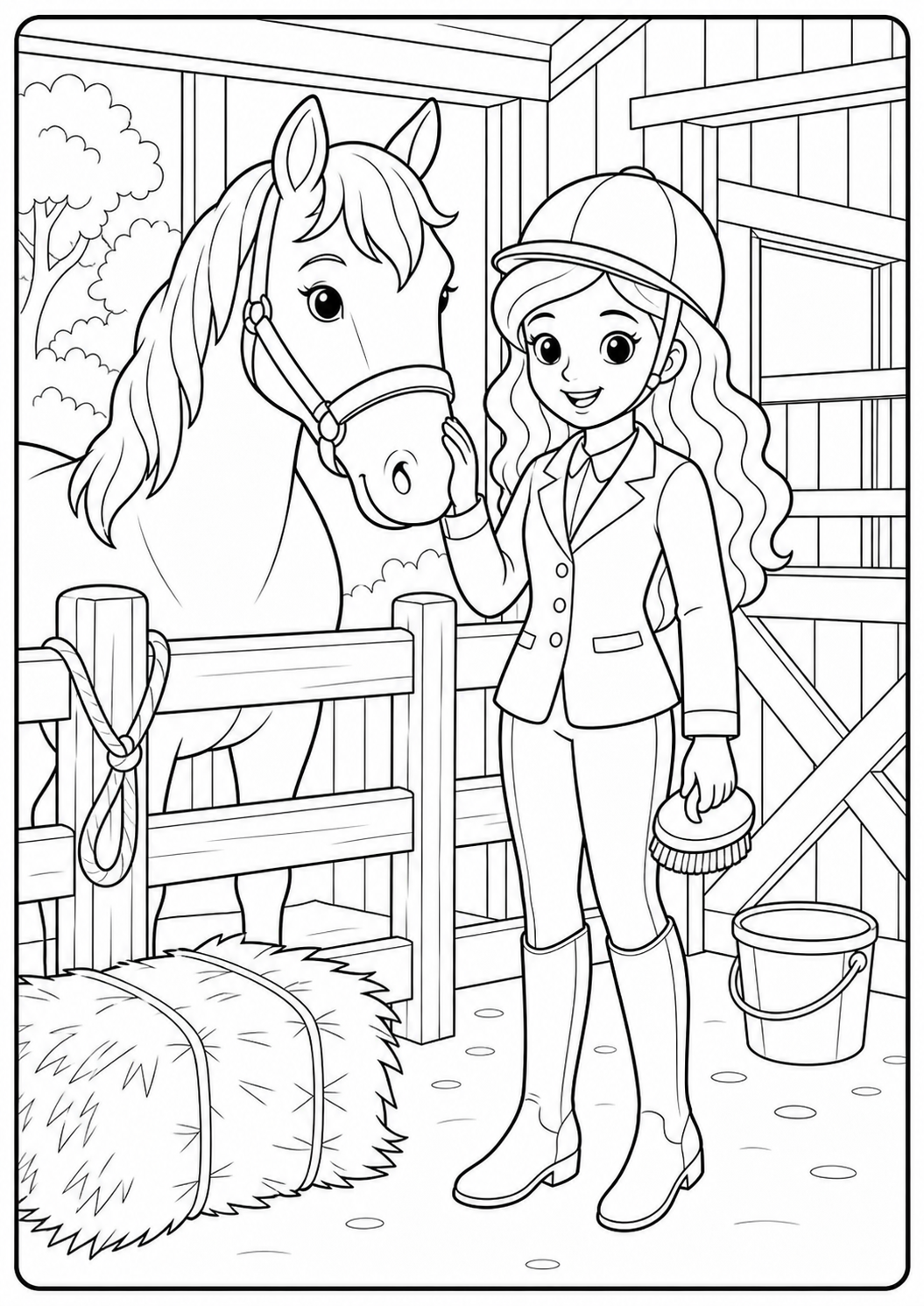 Detailed fashion doll horse stable printable Barbie coloring page for kids ages 9-10