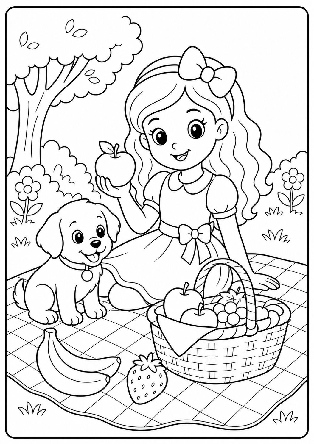 Cute fashion doll picnic with puppy printable Barbie coloring page for kids ages 6-8