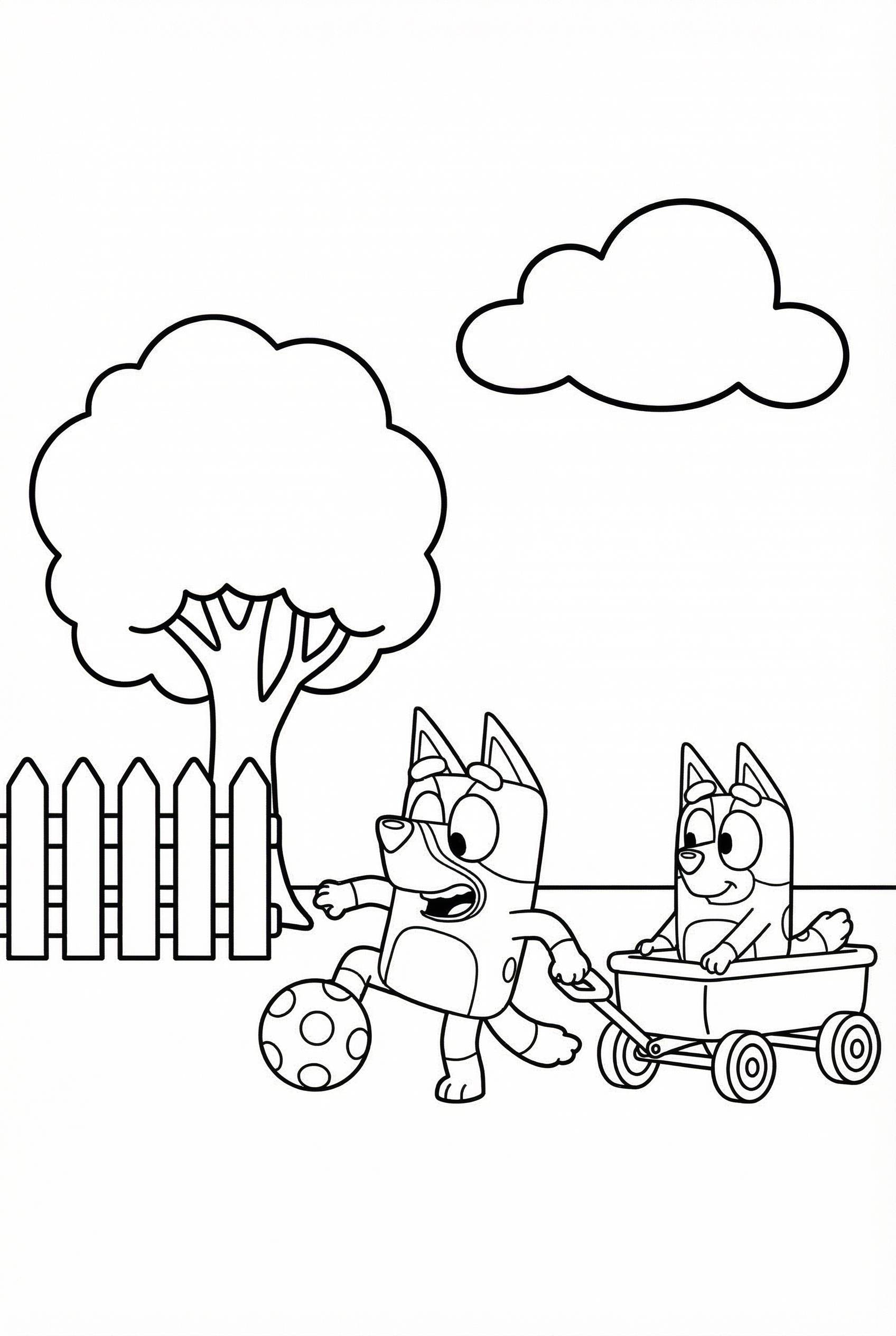 Bluey and Bingo playing in the backyard coloring page for kids age 6-8