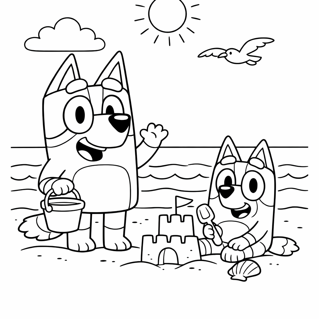 Bluey and Bingo at the beach simple scene coloring page for kids age 6-8