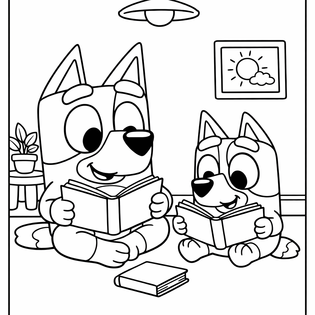 Bluey and Bingo reading together coloring page for kids age 6-8