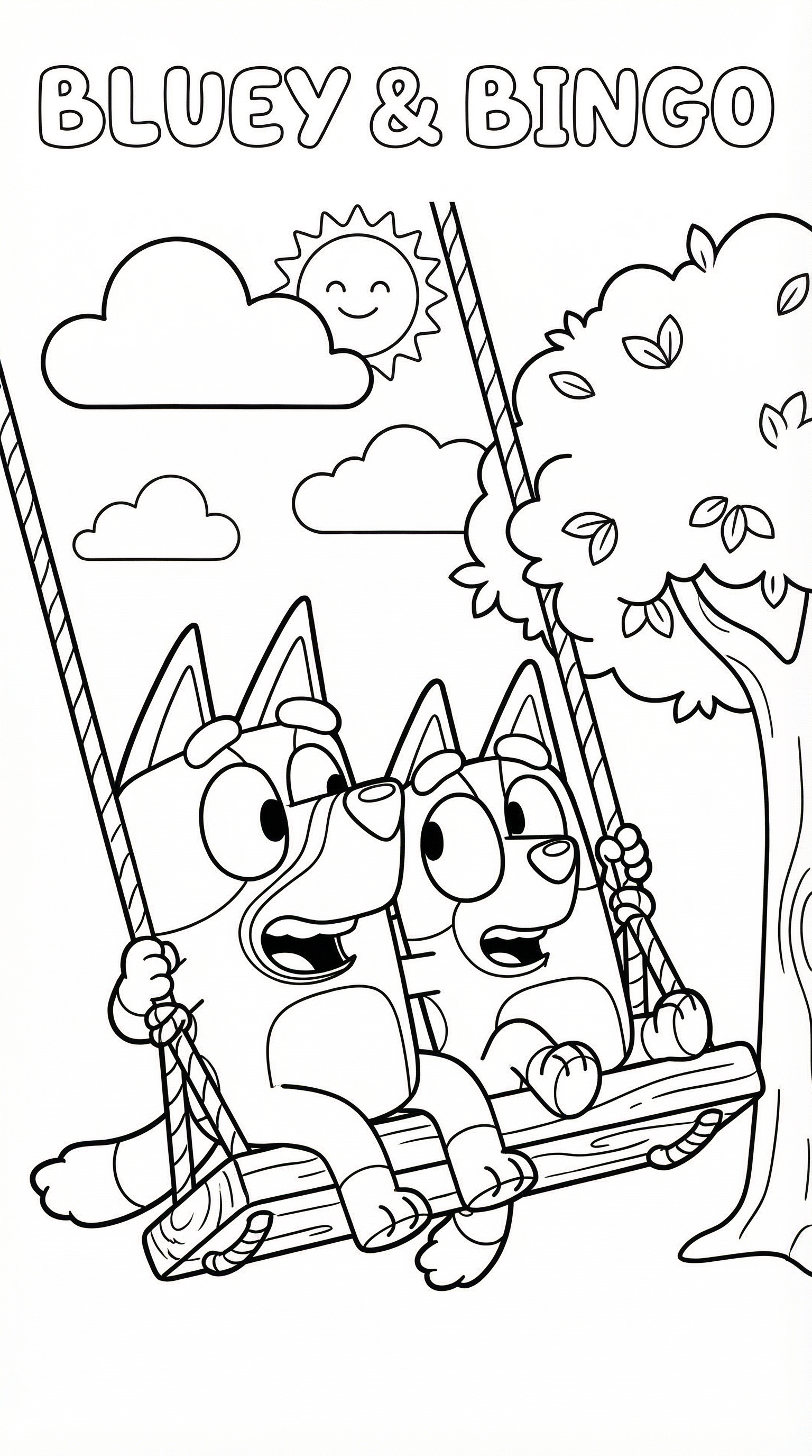 Bluey and Bingo on a swing coloring page for kids age 6-8