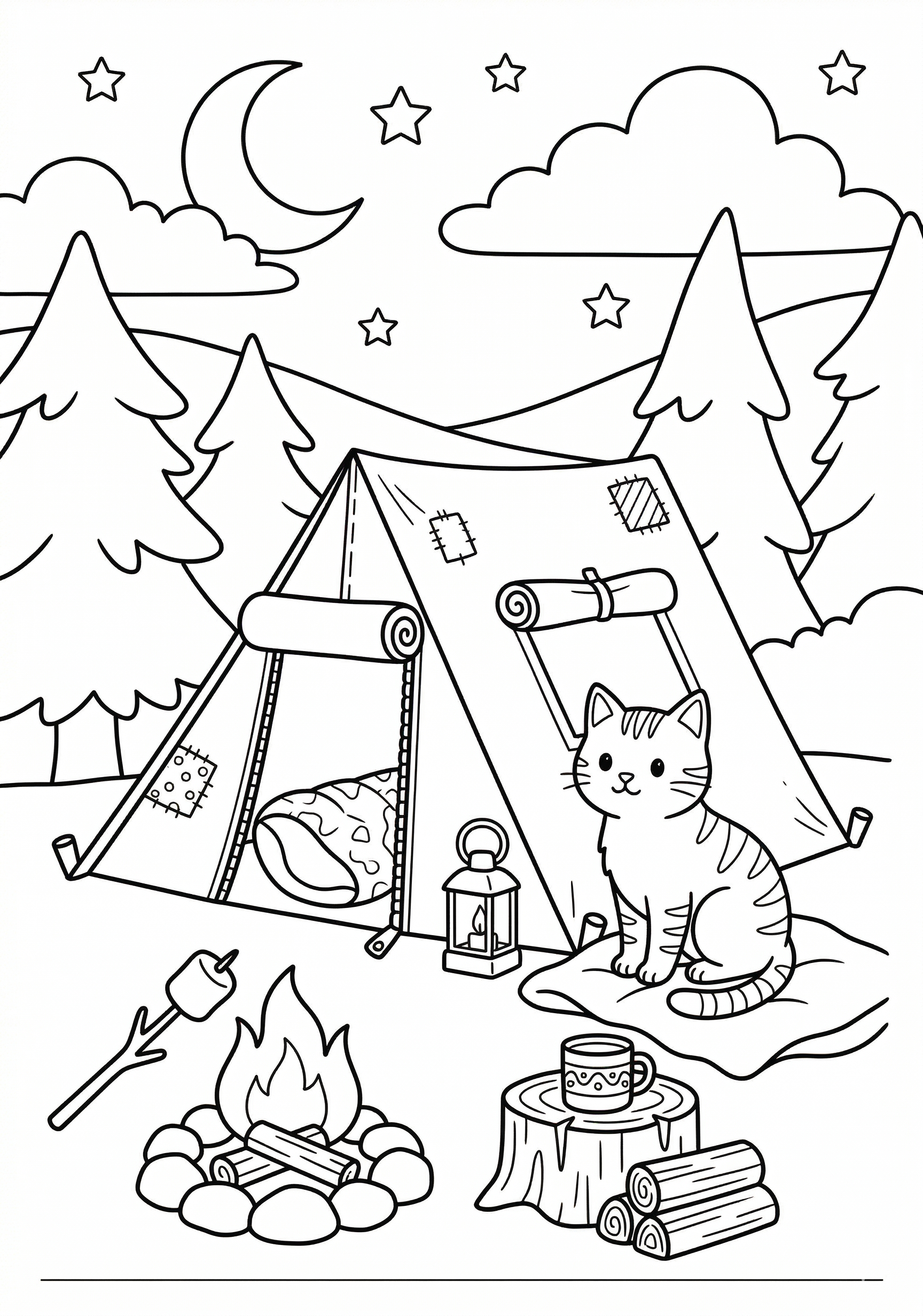 Cat camping coloring page for kids age 6-8