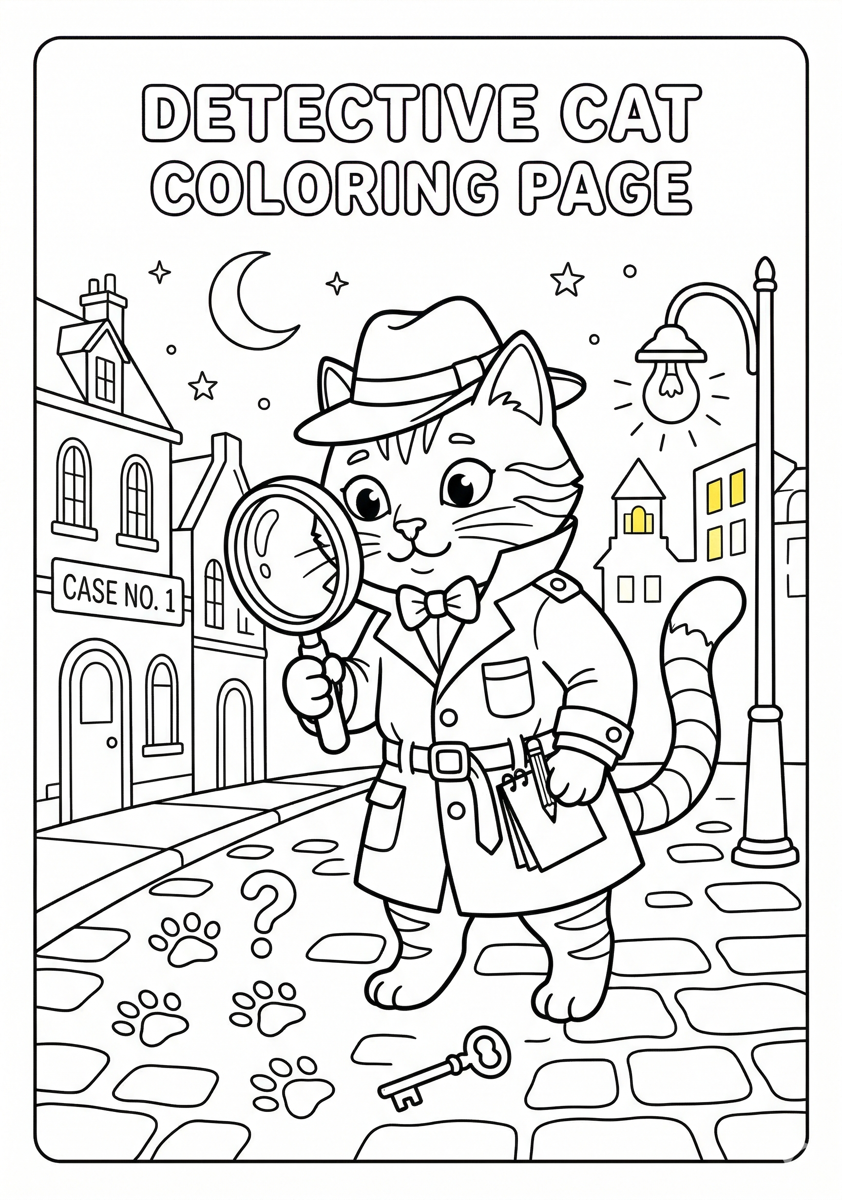Detective cat coloring page for kids age 6-8
