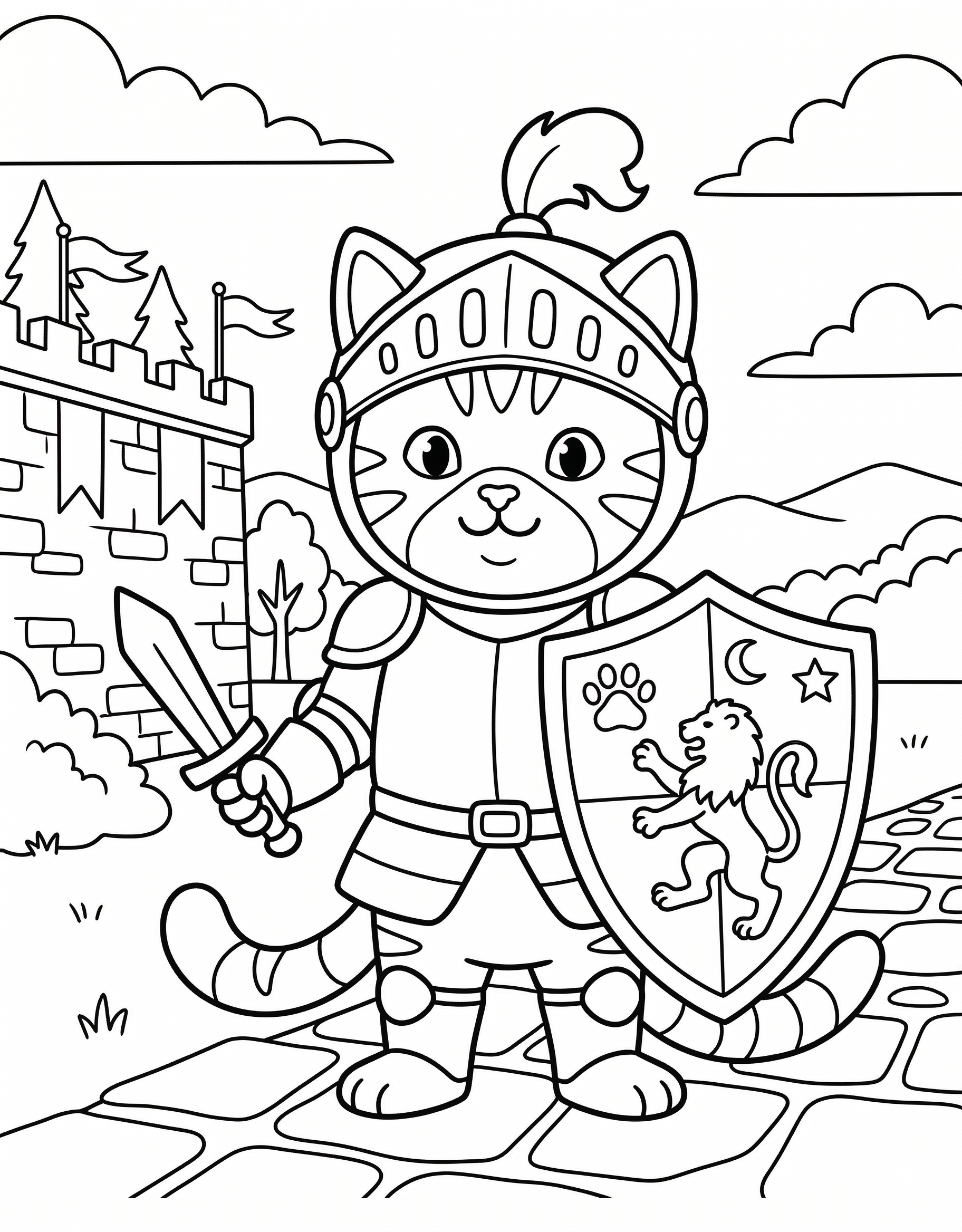 Cat knight coloring page for kids age 6-8