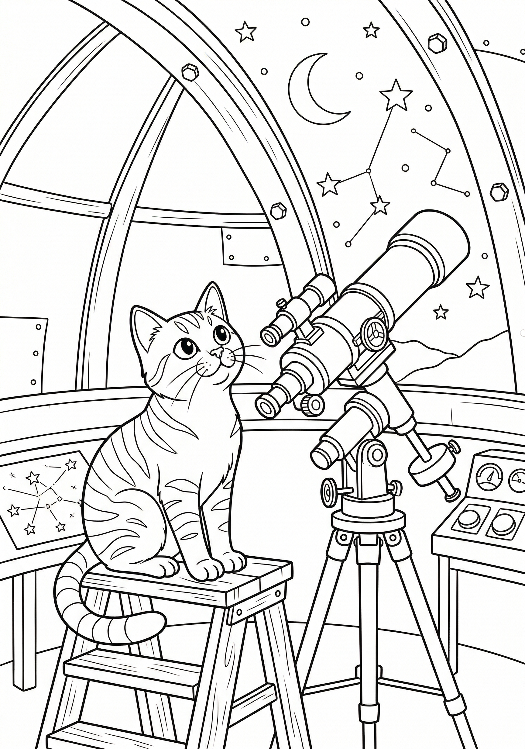 Detailed cat at observatory coloring page for kids age 9-10