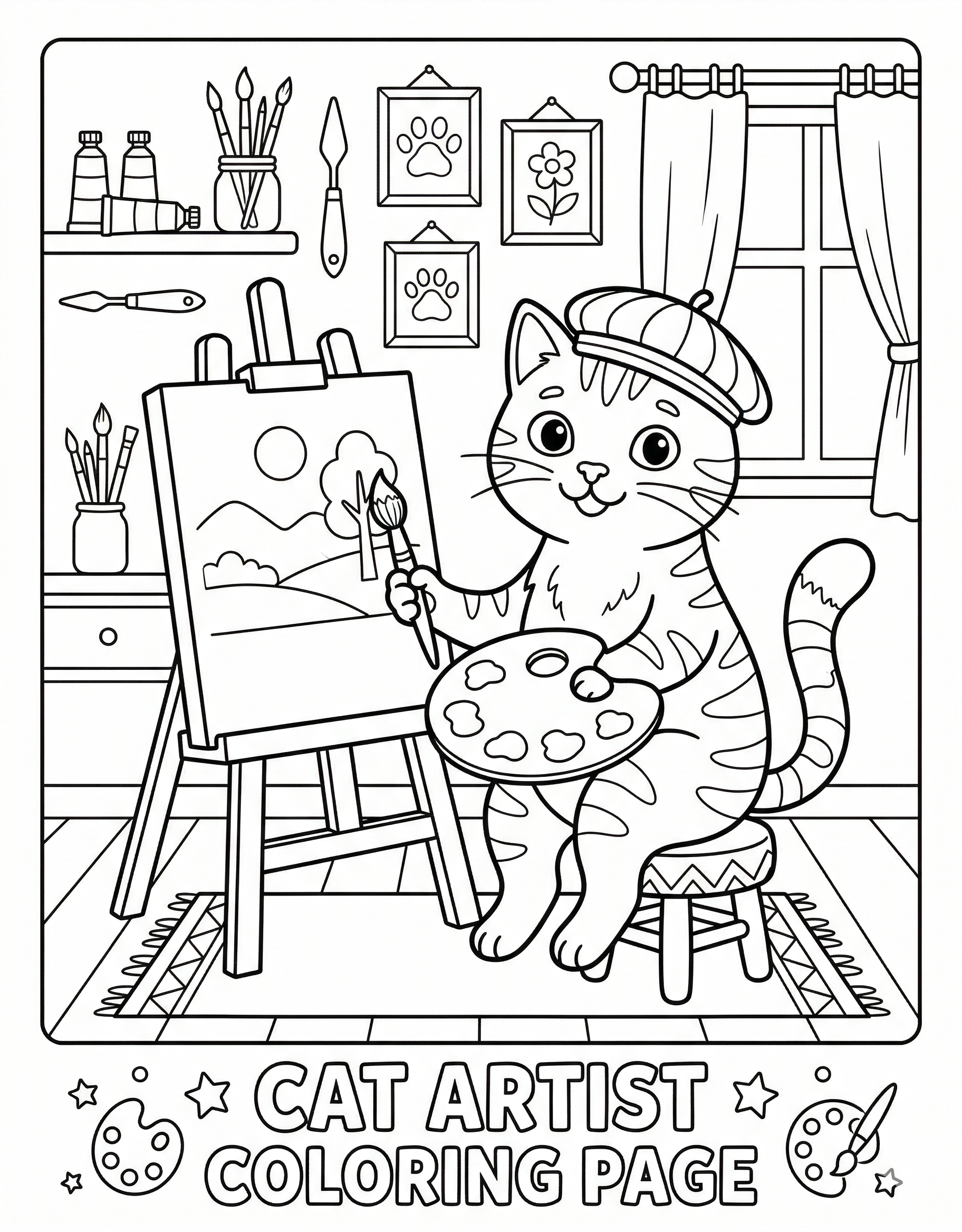Cat artist with palette coloring page for kids age 6-8
