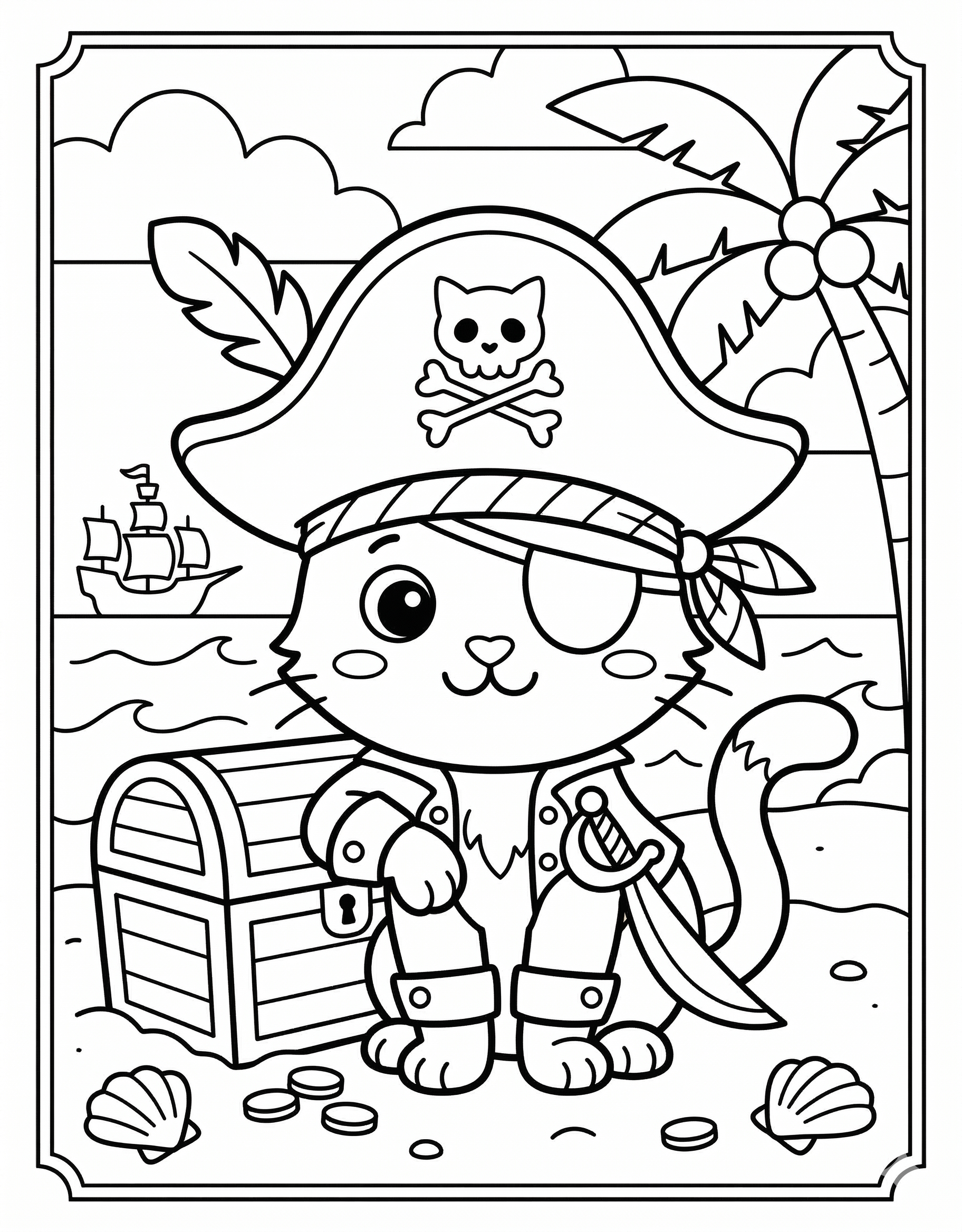 Cat pirate coloring page for kids age 6-8
