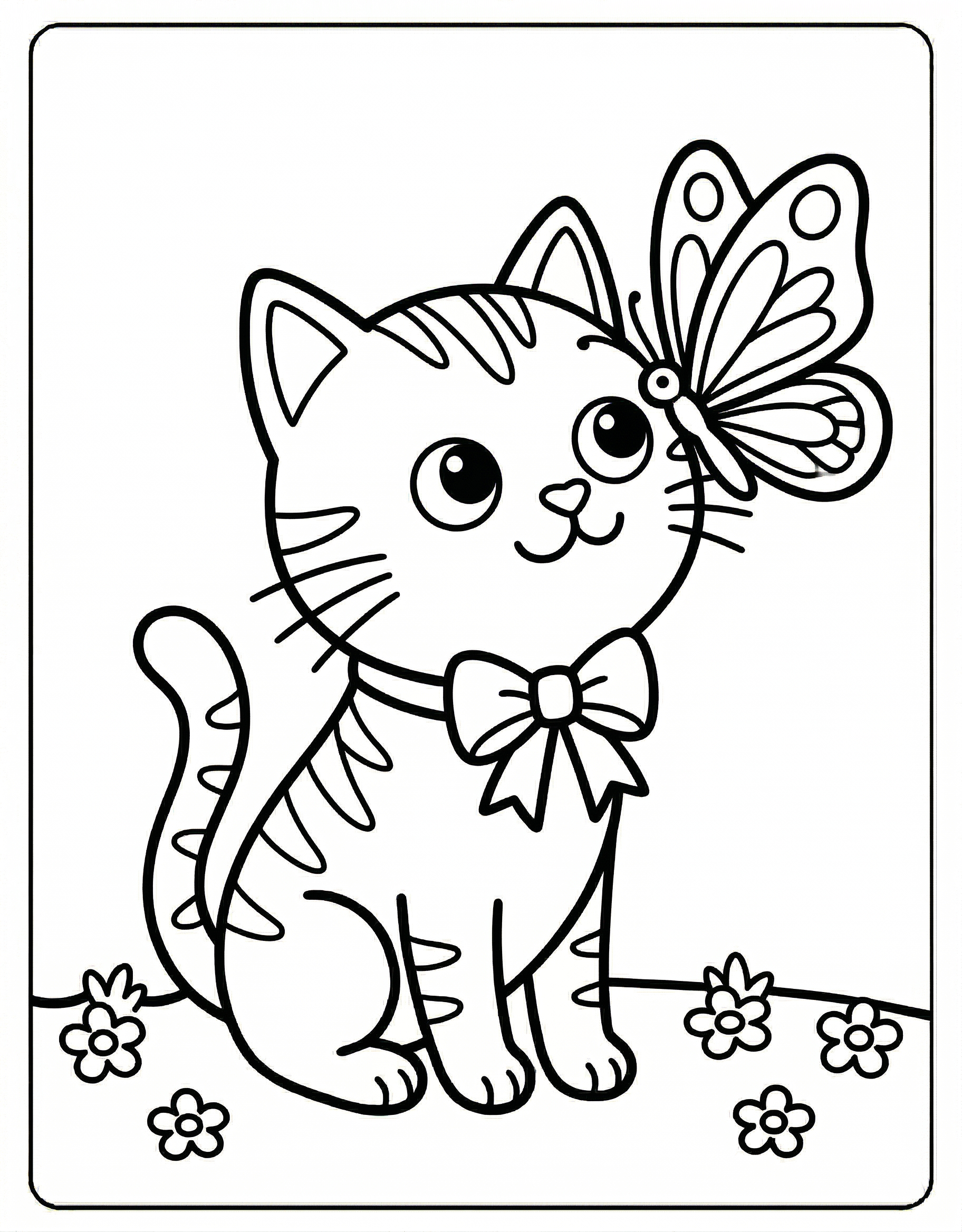 Simple cat with butterfly coloring page for kids age 3-5