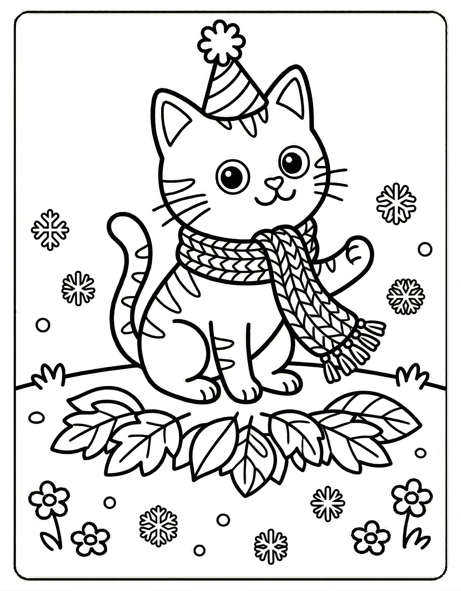 Simple cat with scarf coloring page for kids age 3-5