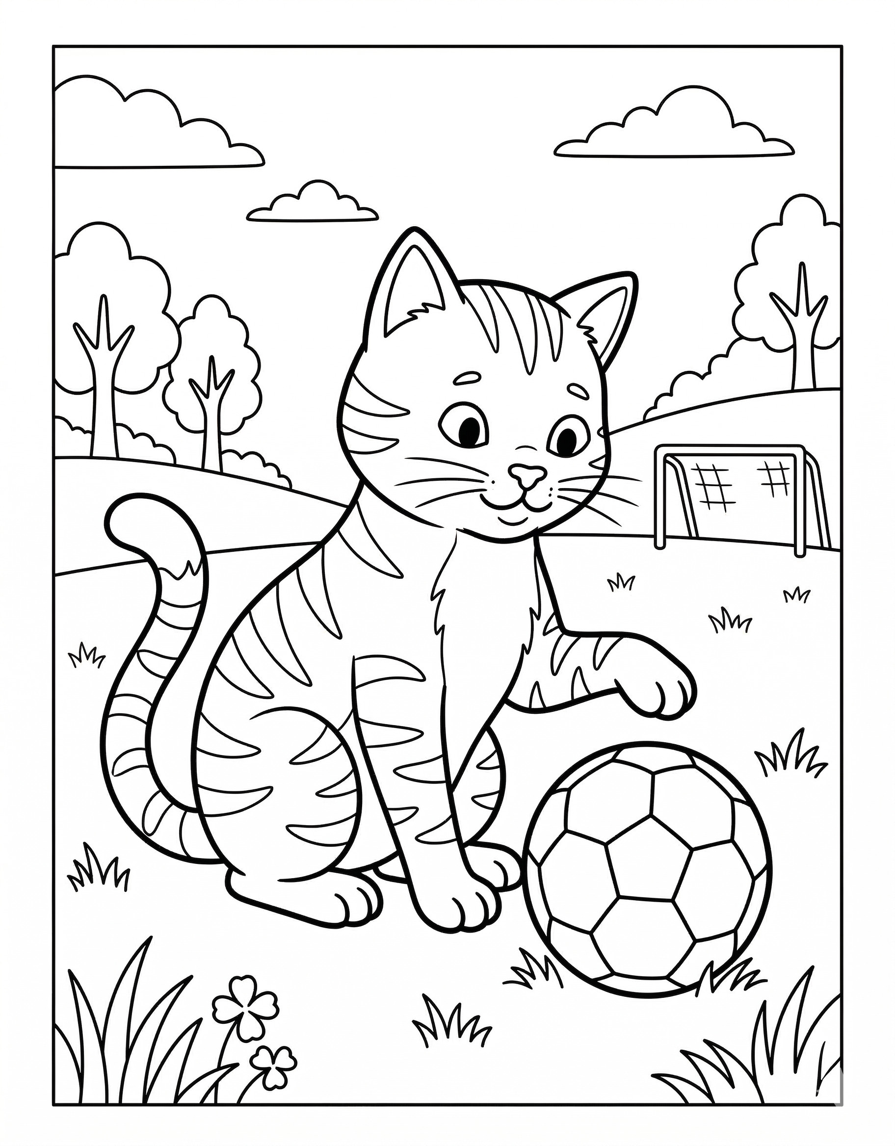 Cat with soccer ball coloring page for kids age 6-8