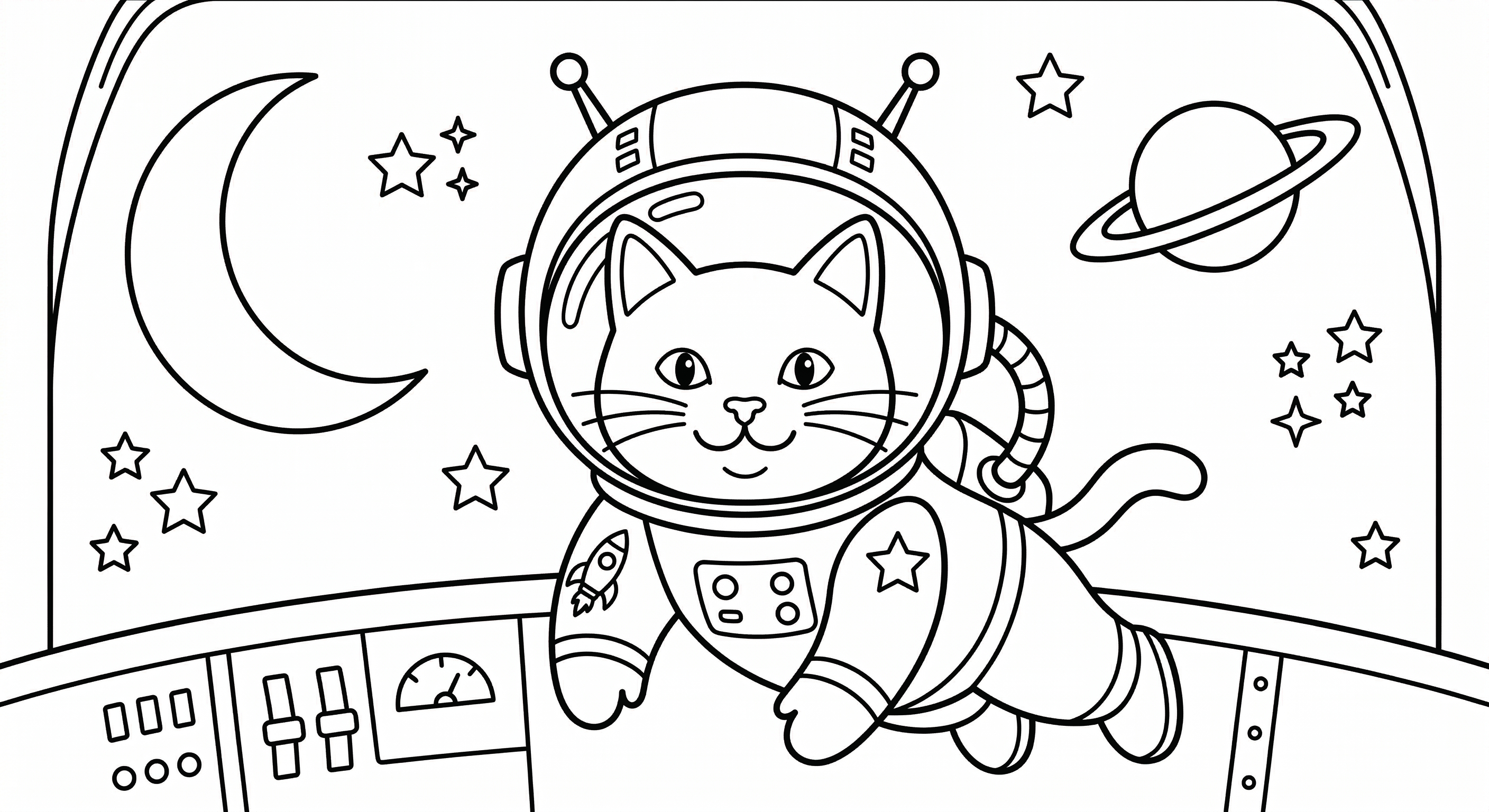 Cat in astronaut helmet coloring page for kids age 6-8