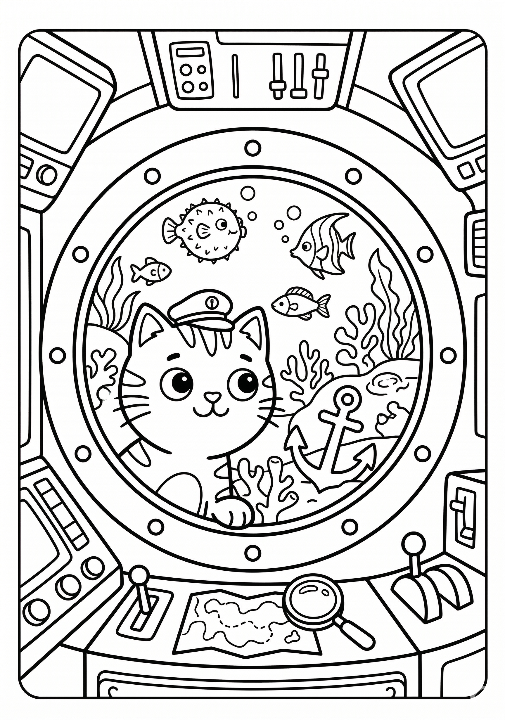 Cat in submarine coloring page for kids age 6-8