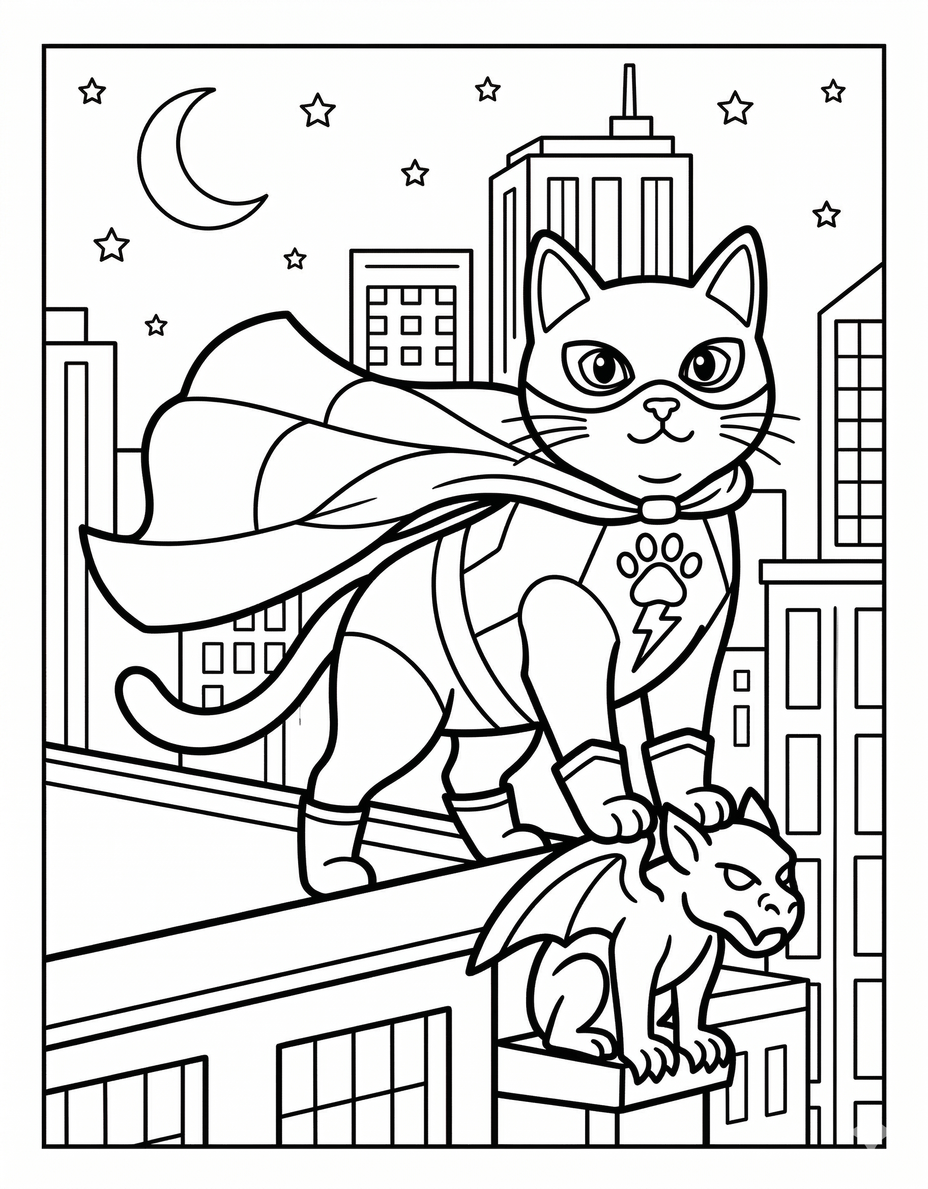 Superhero cat coloring page for kids age 6-8