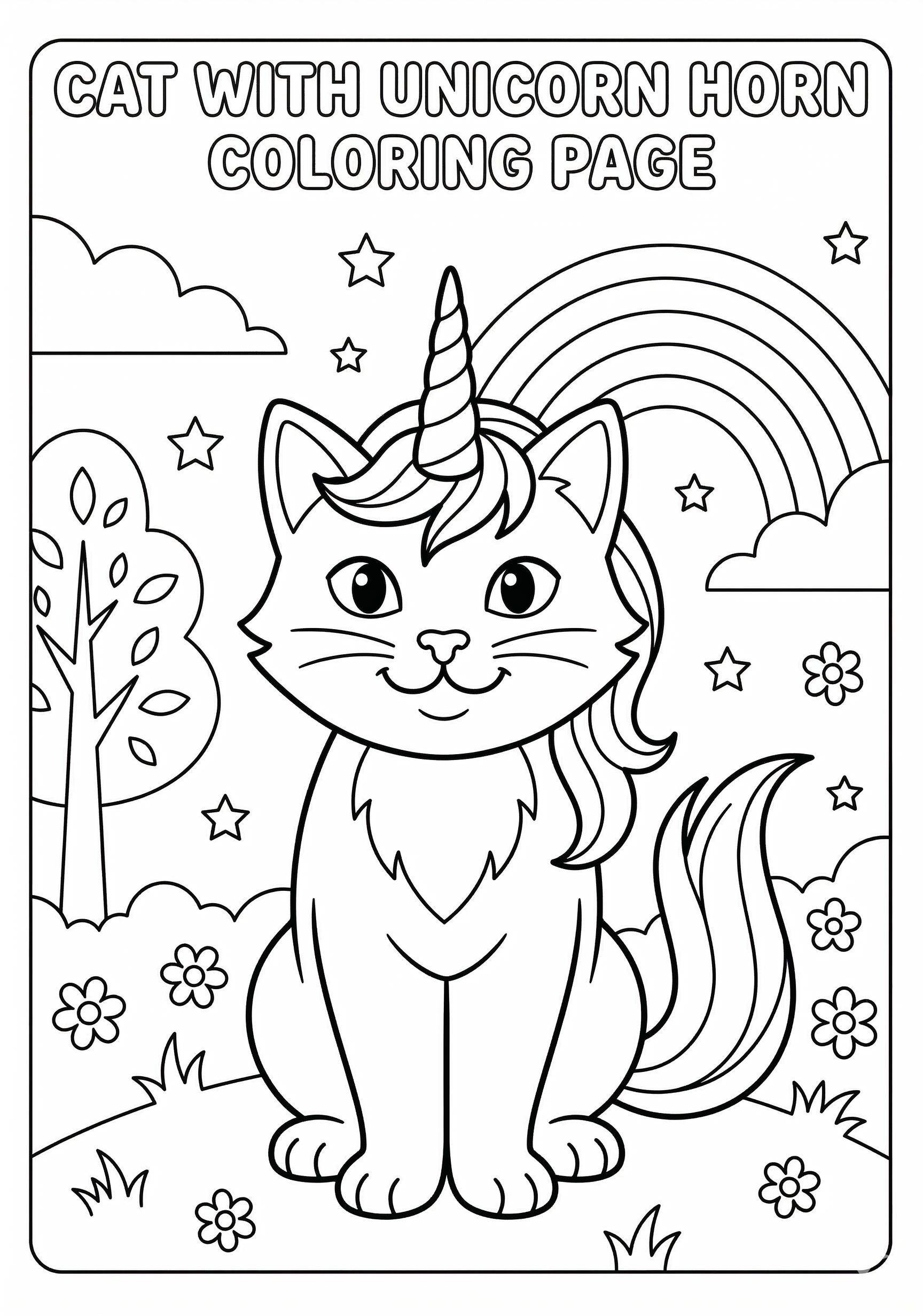 Cat with unicorn horn coloring page for kids age 6-8