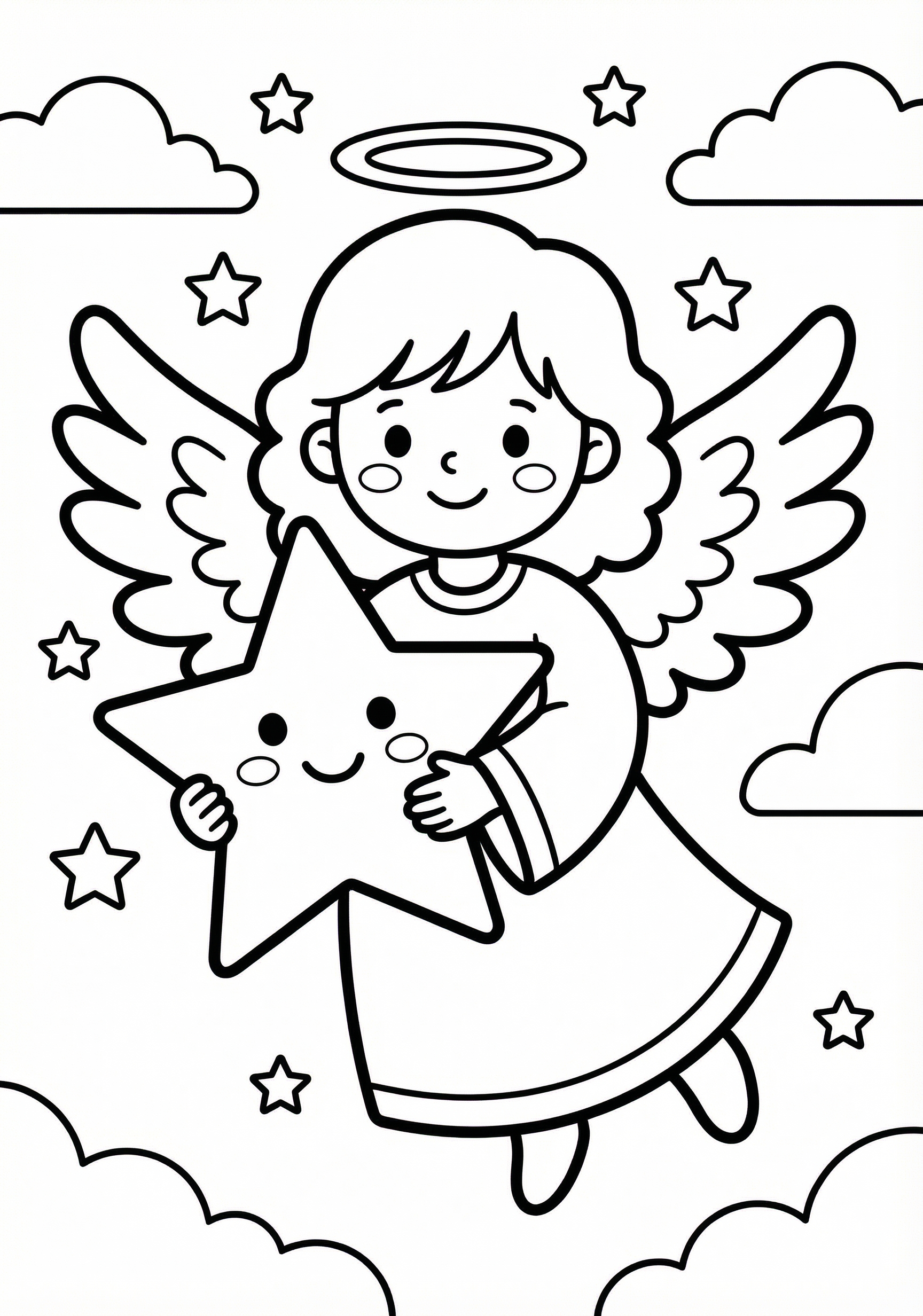 Angel and star Christmas coloring page for kids age 6-8