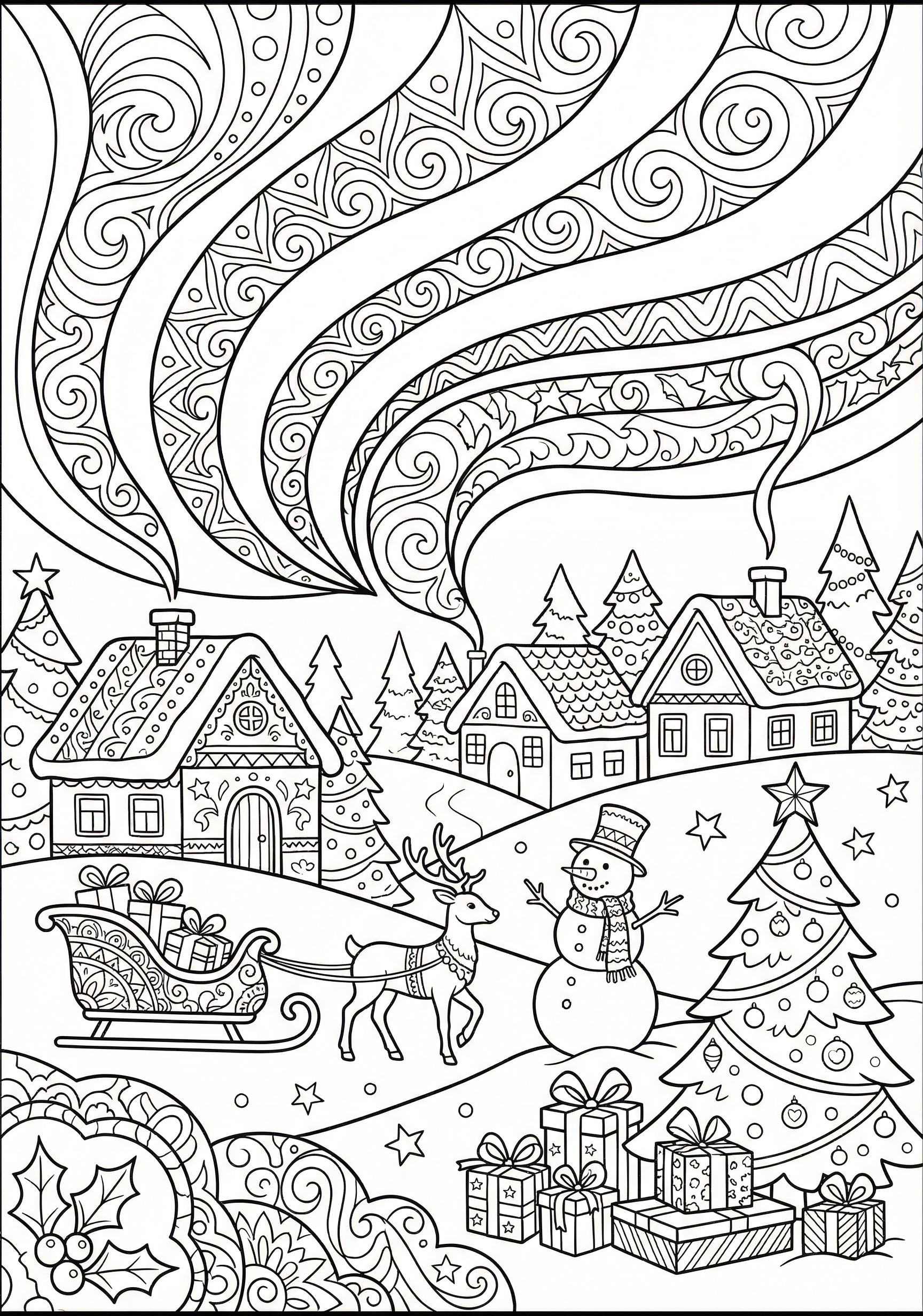 Detailed aurora night winter coloring page for kids age 9-10