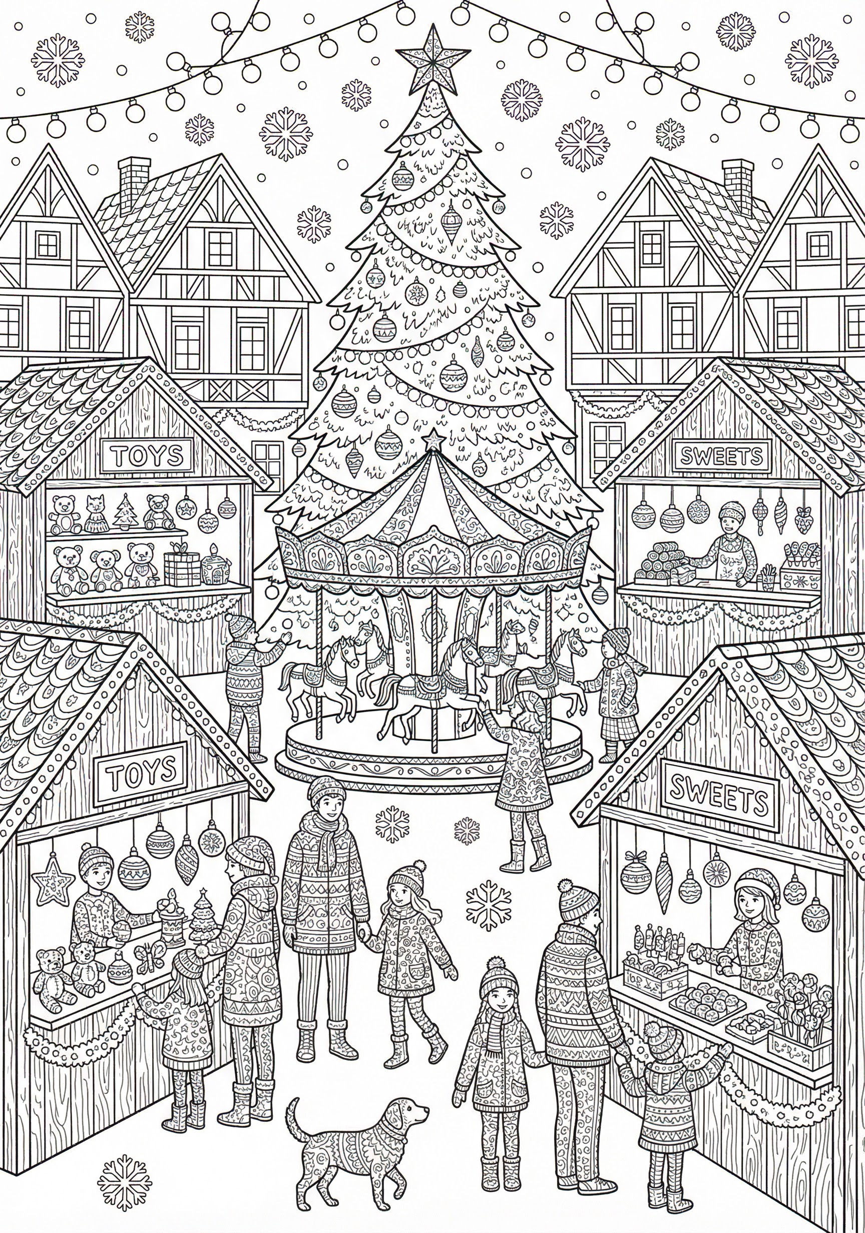 Detailed Christmas market coloring page for kids age 9-10